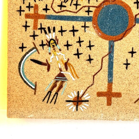 Navajo Indian Sand Art Creation Coyote Stealing Fire 8x8" Tile Todacheenie - Picture 5 of 9